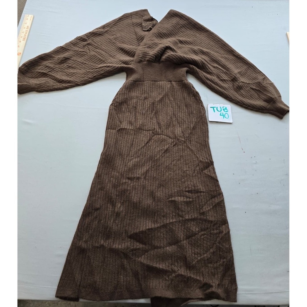Cider Brown Ribbed Knit Batwing Sleeve Wrap Midi Dress with Front Slit Small